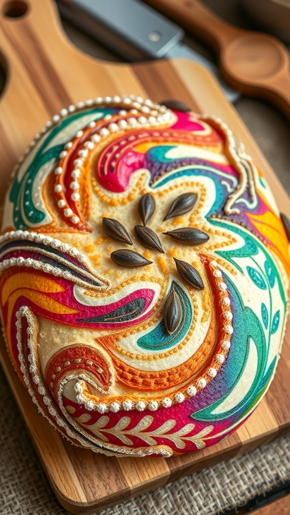 A loaf of creatively designed bread with colorful patterns and seeds on a wooden board.
